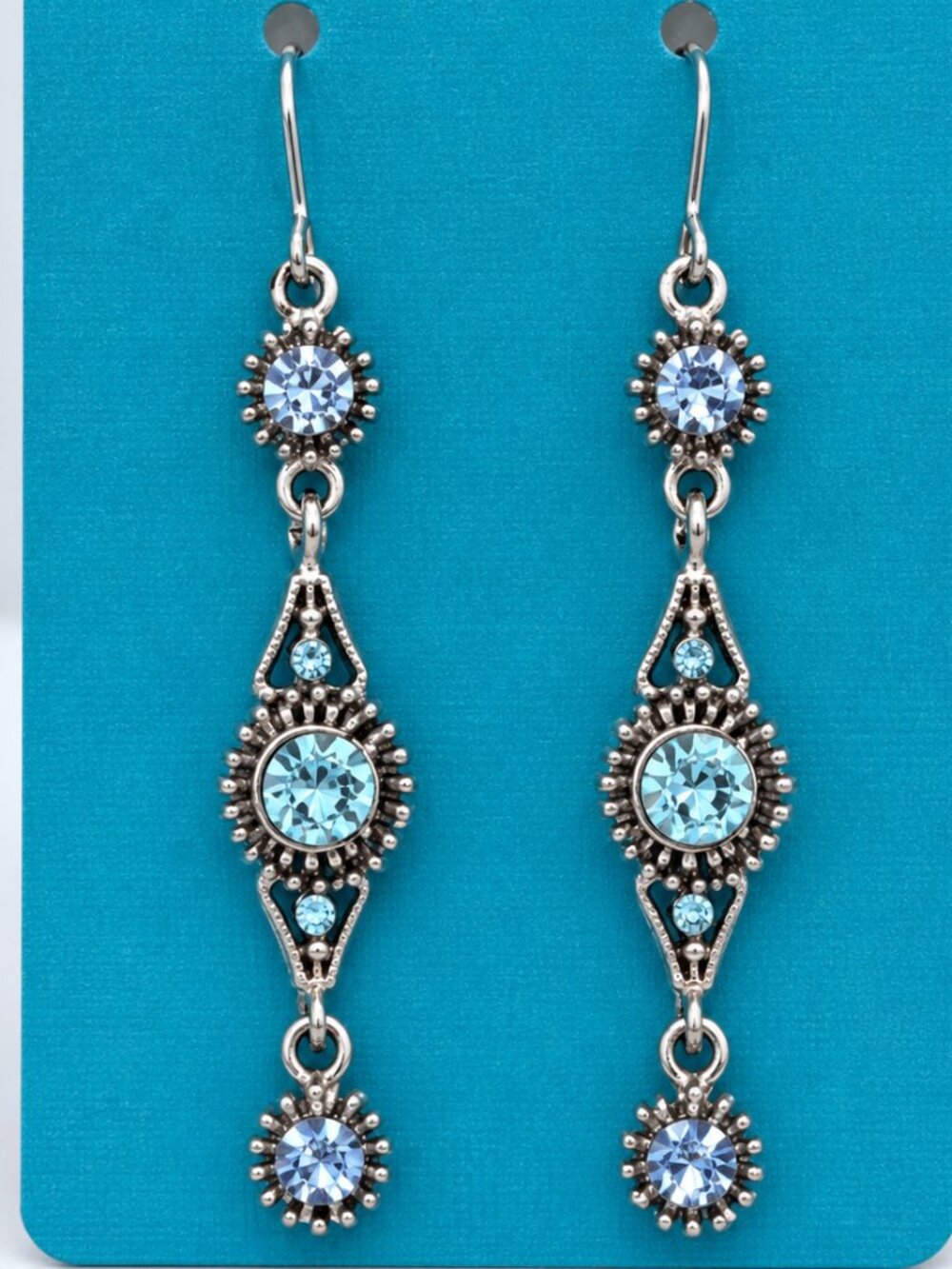 Blue Crystal Silver Tone Dangle Drop Earrings – Vintage Style